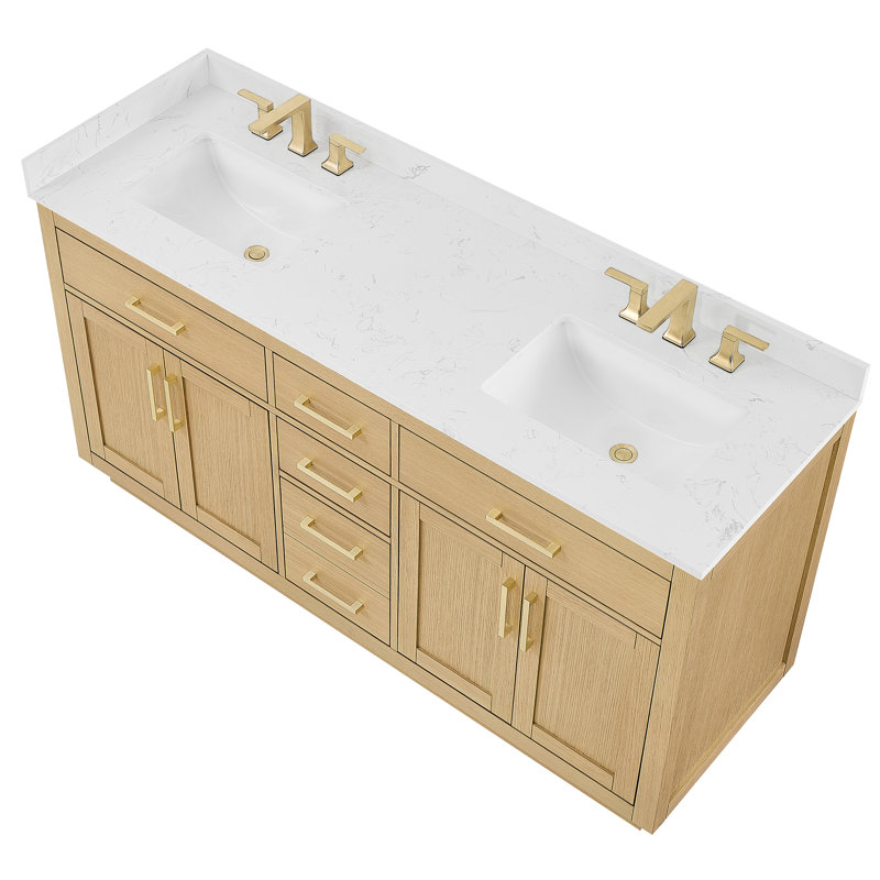 Meuble-lavabo double Beckett, Rift Oak, Or brossé, Carrara Cultured Marble