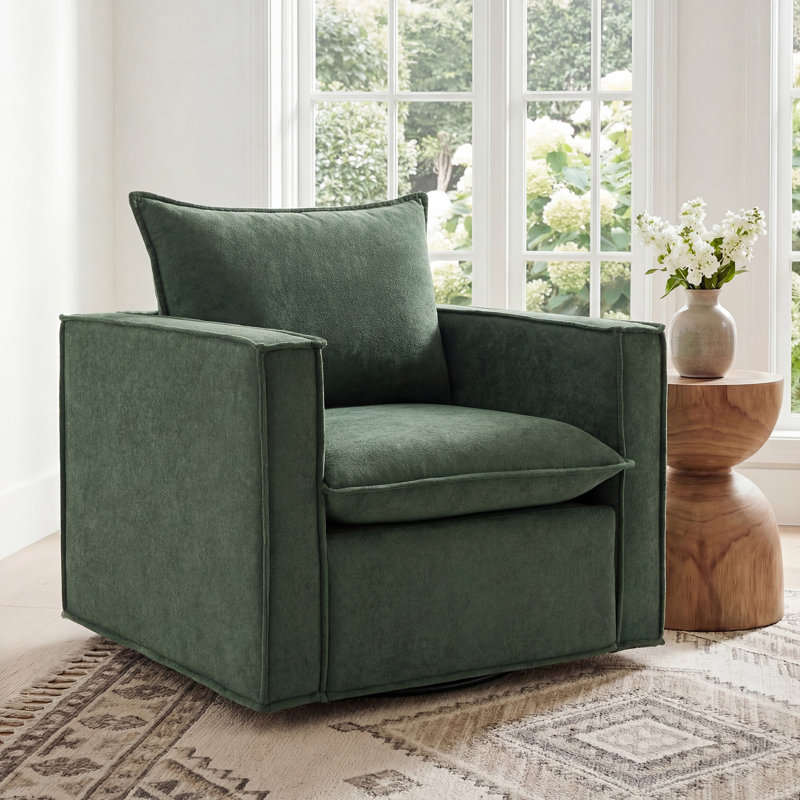 Louretha 34" Wide Fabric Upholstered Swivel Armchair, Green Fabric