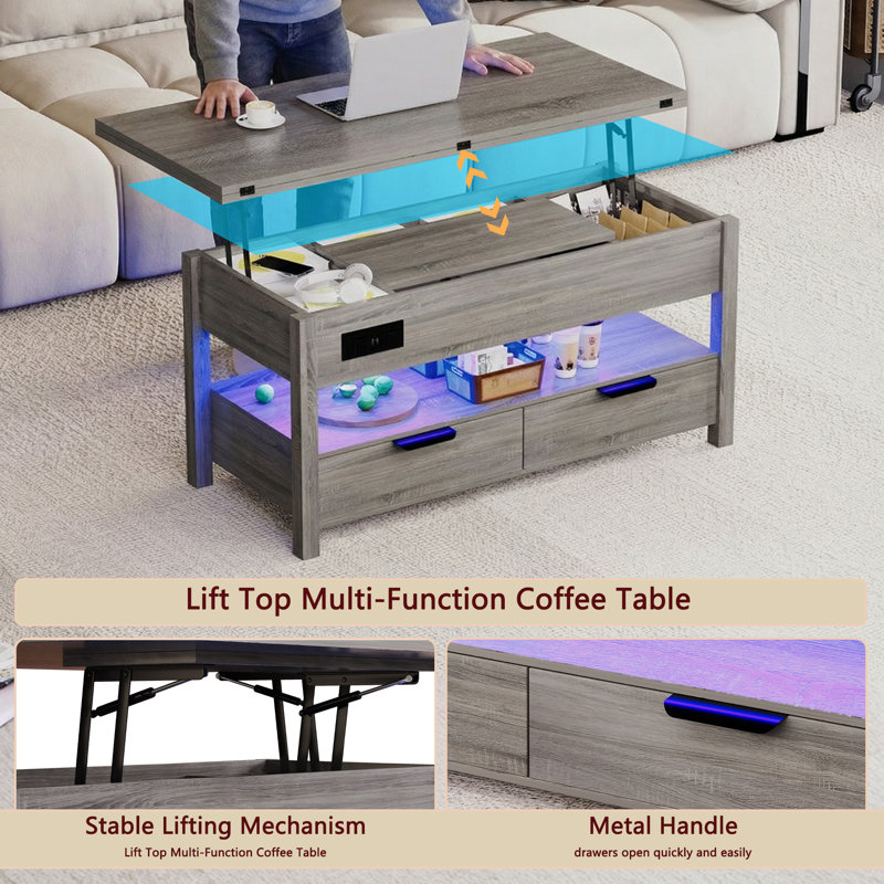 Table basse à plateau relevable avec station de charge et lumières DEL Hokku Designs, gris