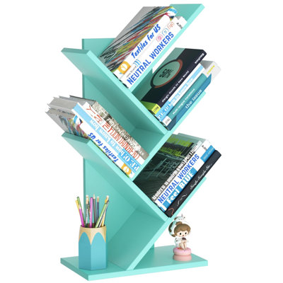 5 Tier Tree Book Shelf, Small Desktop Bookshelf with Storage Organizer, Wood Bookcase, Desk Display Bookshelves, Floor Standing Organizer Bookcases for Living Room,Bedroom,Office