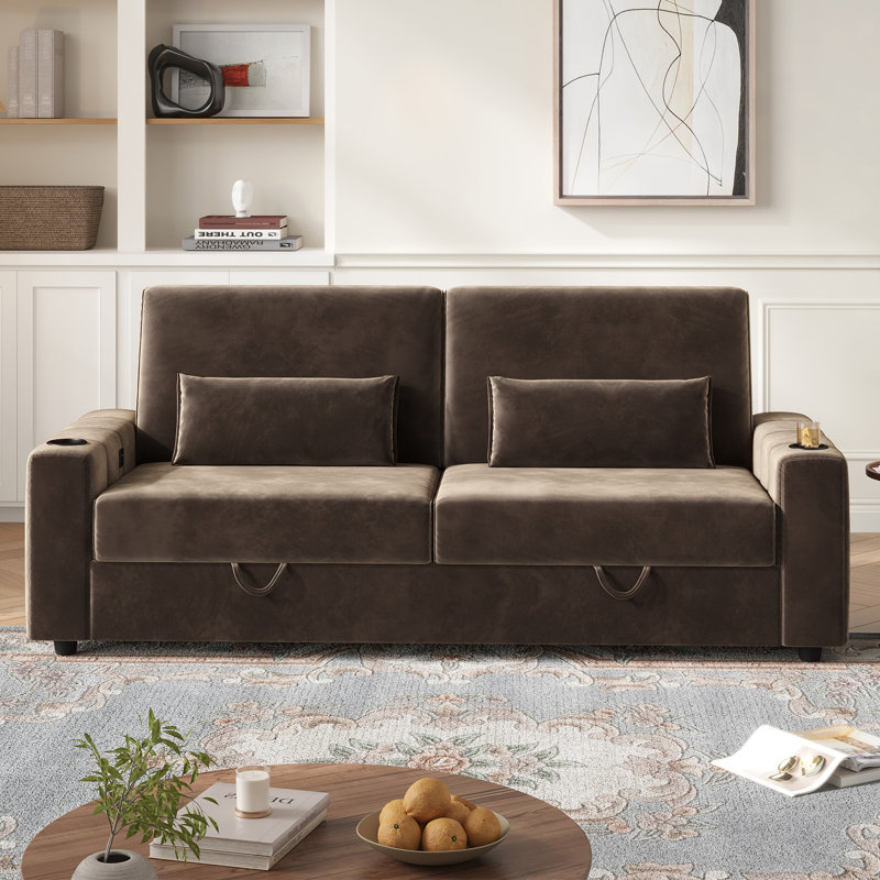 Canapé 88 po avec accoudoirs carrés en velours avec rangement, siège profond avec ports de charge USB et porte-gobelets, Brun