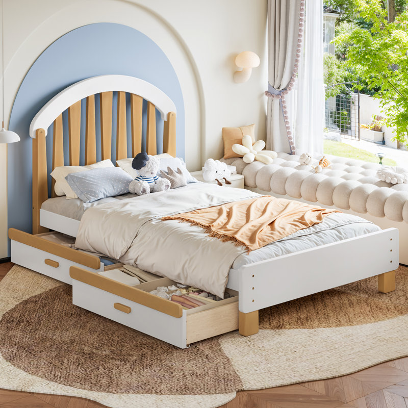 Structure de lit plateforme simple en bois avec tiroir de rangement, tête de lit ronde, sans sommier, blanc et naturel