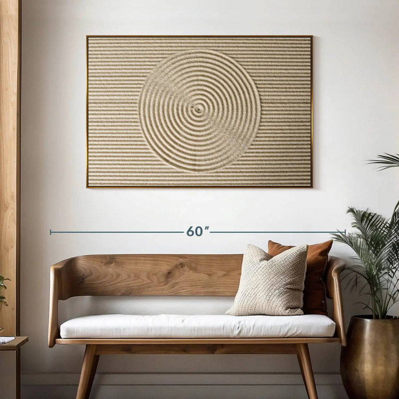 Cercles zen dans le sable, 46 po x 31 po, Cadre flottant doré