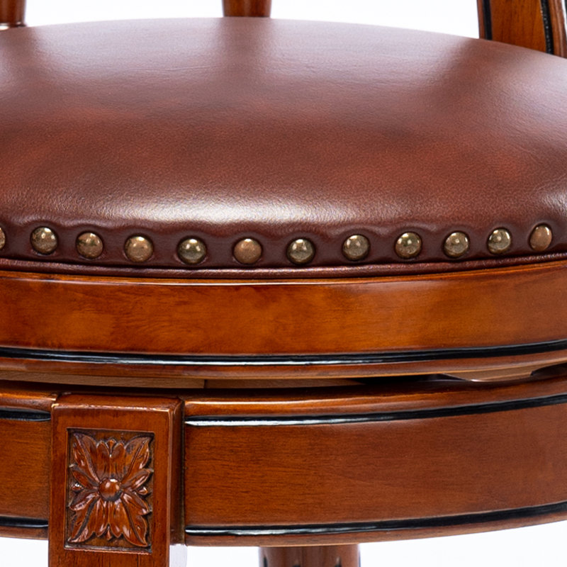 Sturdivant Genuine Leather Swivel Wooden, Bar Stool (29" Seat Height), Brown Leather/ Brown Frame