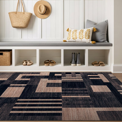 Tapis noir antidérapant à motif de blocs de couleur lavable à la machine