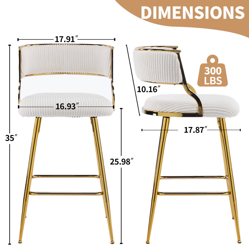 Padded Cushion Metal Legs Modern Bar Stool Set of 2 Gold, Cream