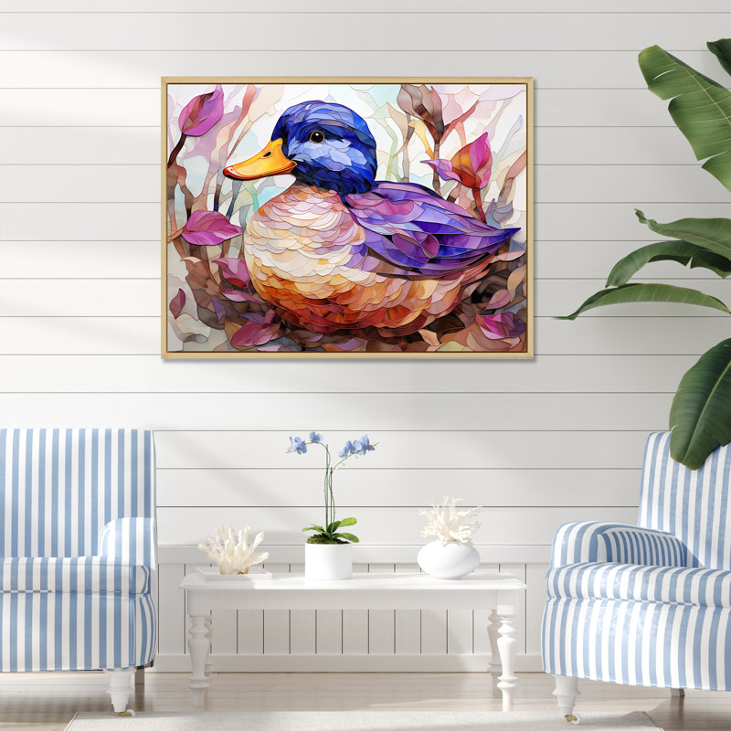 Canard beige et mauve dans un pré - art mural canard, Cadre flottant brun, H 24 po x l 32 po x P 1 po