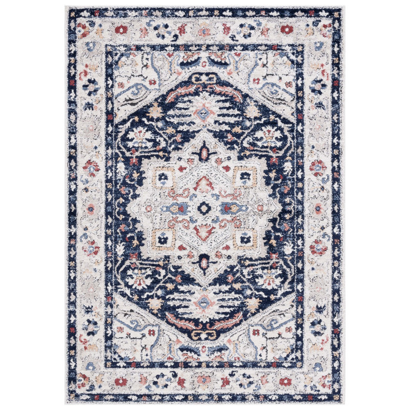 Tapis oriental en polypropylène tissé à la machine en beige / bleu marine, Rectangle 8 pi x 10 pi