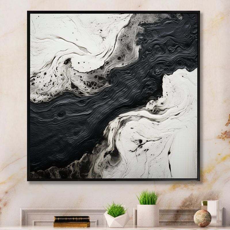 Black And White Paint River I - Abstract Shapes Wall Art For Living Room, Black Floater Framed, 36" H x 36" W