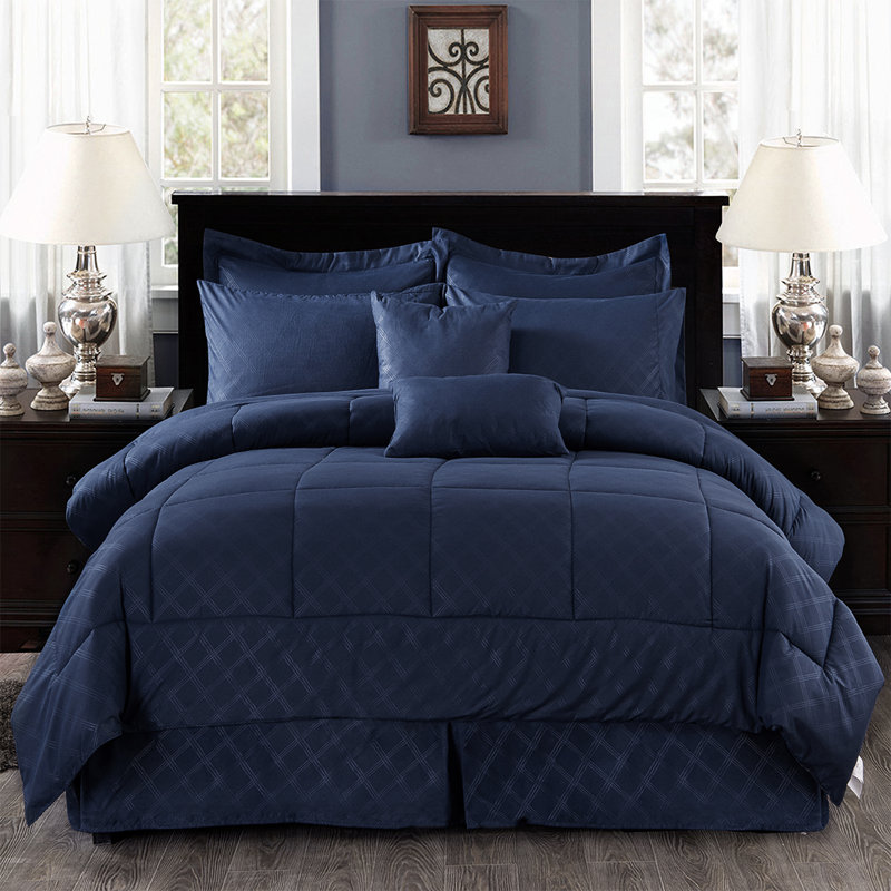 Jersey Knit Plaid Comforter, Cal. King Comforter + 9 Additional Pieces, Navy