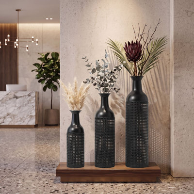 Ensemble de 3 vases de plancher rétro en métal à trous perforés et cylindriques pour grand salon et chambre à coucher