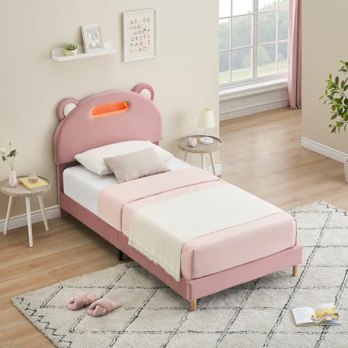 Lit plateforme double capitonné en velours rose pâle – Tête de lit DEL, sommier à lattes en bois robustes, silencieux, sans sommier tapissier, montage facile, taille simple