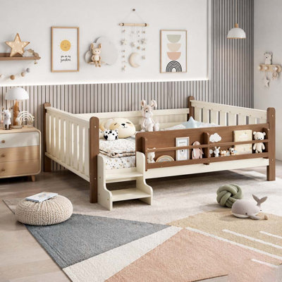Floor Solid Wood Bed with Storage Bookcases with Cute Stairs and Guardrails