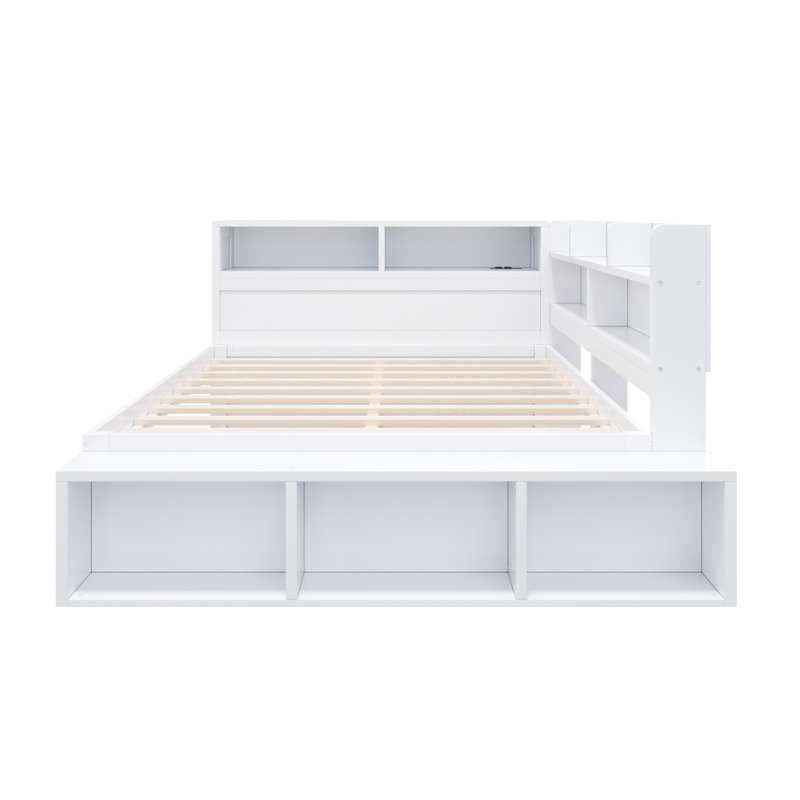 Lit de jour pleine grandeur avec armoires de rangement, armoire à chaussures et ports USB, blanc, Blanc