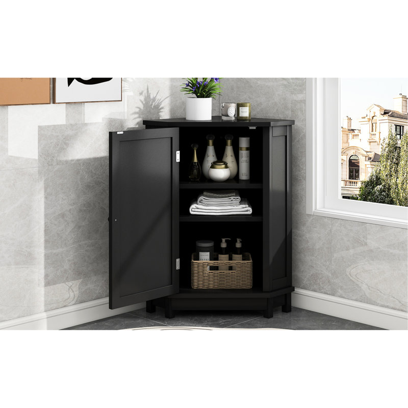 Adjustable Shelf Black Triangle Bathroom Cabinet, , Space Design Corner For Optimal Space Management, Black