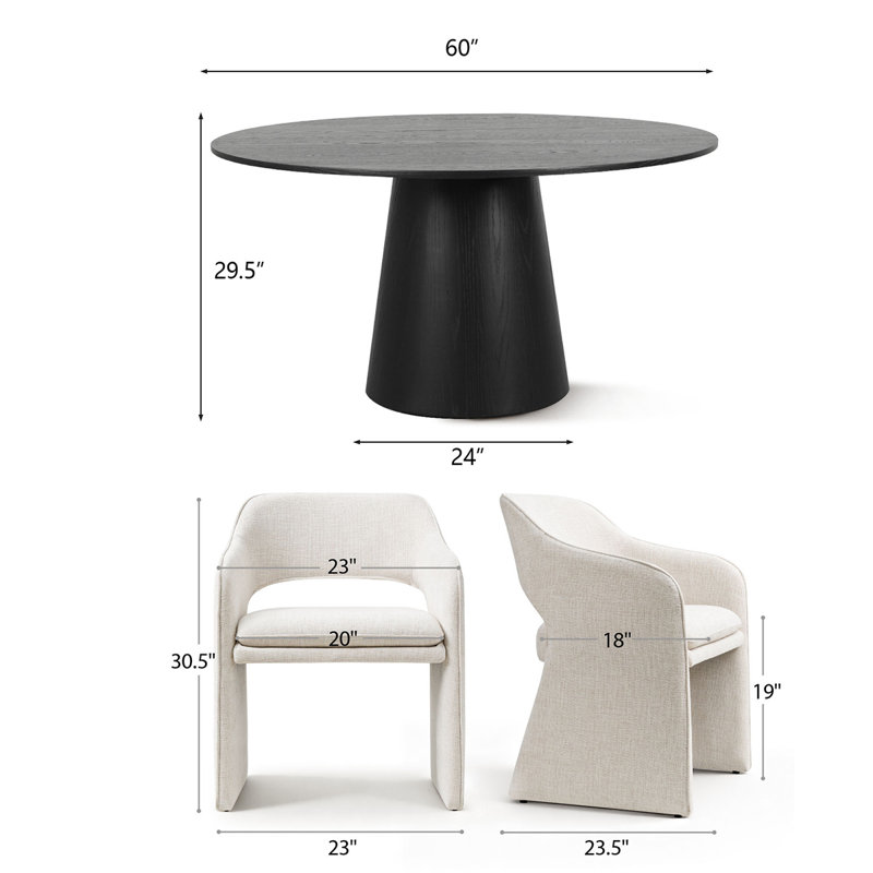 6 - Person Dining Table Sets With Round Table & 6 Upholstered Fabric Chairs, Beige, Black