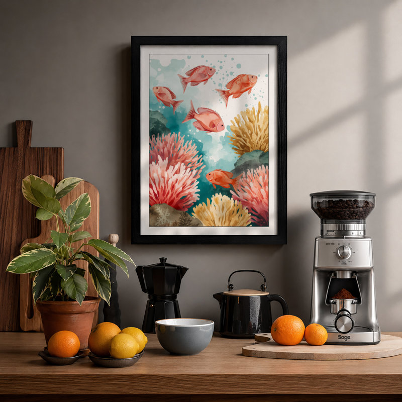 Fish Among Anemones Coastal - Framed Print, A2 - 59.4 x 42.0 cm, Black