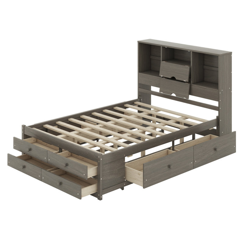 Lit plateforme avec tête de lit avec rangement et 8 tiroirs, Gris