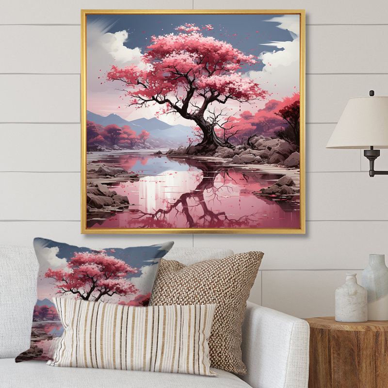 Cerisier rose en fleurs dans la rivière I - Art mural cerisier en fleurs, Or, H 36 po x l 36 po