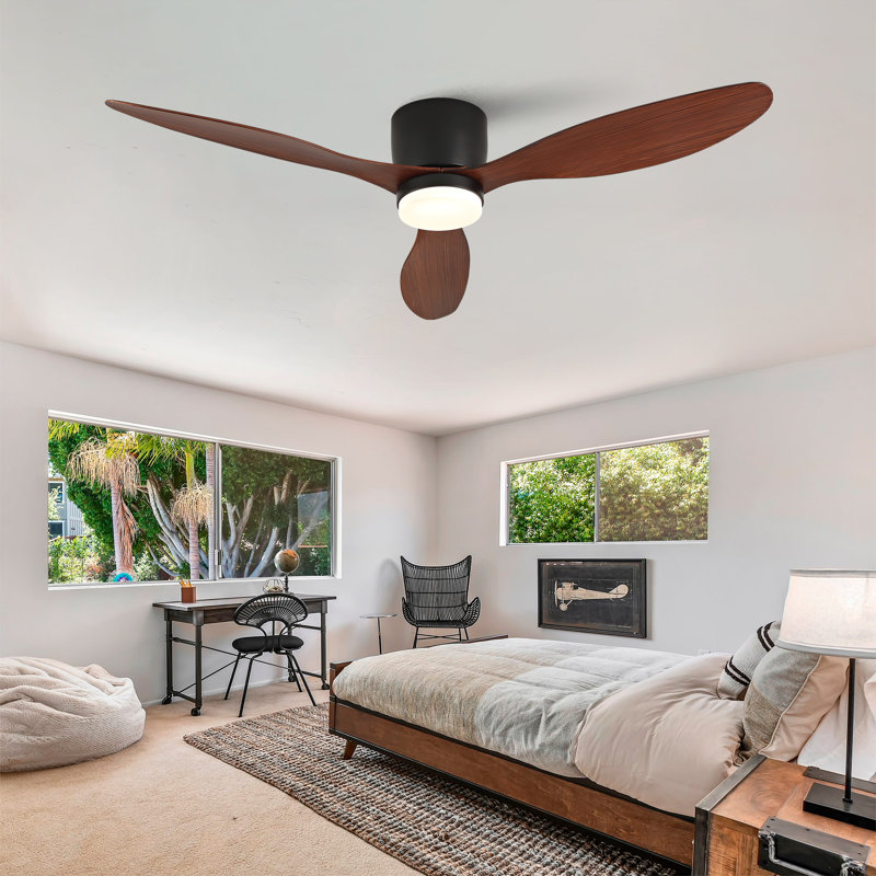 Ceiling Fans with Lights, Flush Mount Low Profile, 3 ABS Blades Ceiling Fan with Light and Remote, 6-Speed, Reversible DC Motor, Noiseless, for Bedroom, Indoor/Outdoor, Black+Walnut
