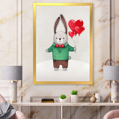" Little Cute Rabbit Holding Heart Balloons " Painting Print