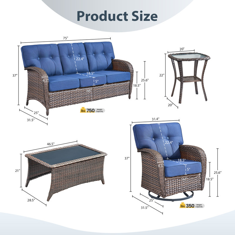 5-Piece Patio Furniture  Sofa Set, All-Weather Outdoor Seating Set With Swivel Glider Chairs, Blue