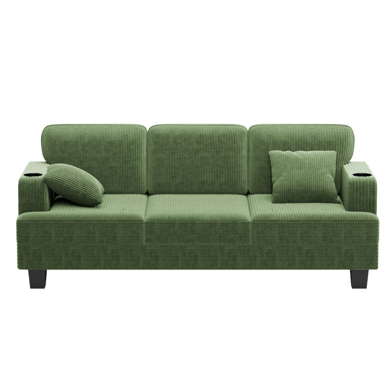 84" Modern style comfortable corduroy reception sofa, seating of 3, with cup holder, side pocket and type-c interface, Green