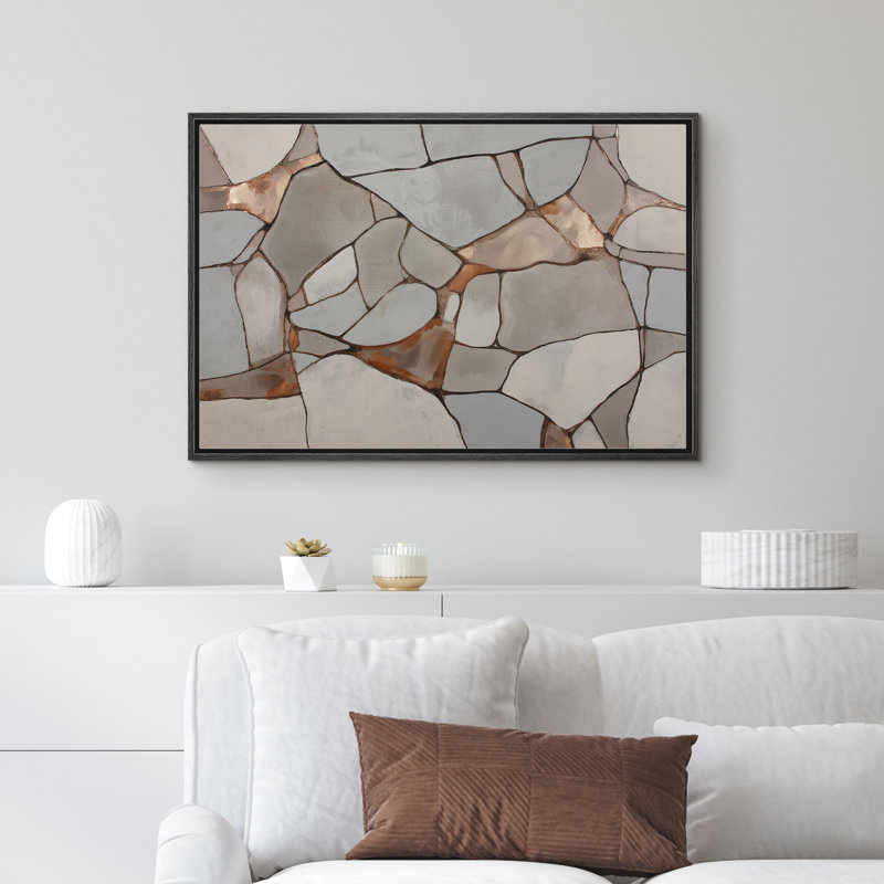 Reproduction d'art moderne neutre en mosaïque de pierre abstraite beige pour salon, H 24 po x l 36 po x P 1,5 po, Noir