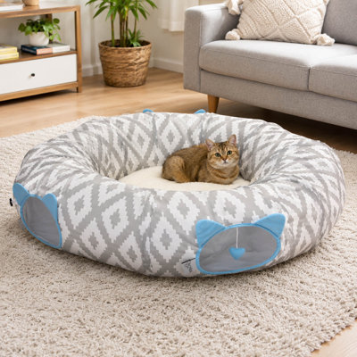 Large 2-in-1 Cat Tunnel Bed, Plush Center Nap Bed and Hanging Toys