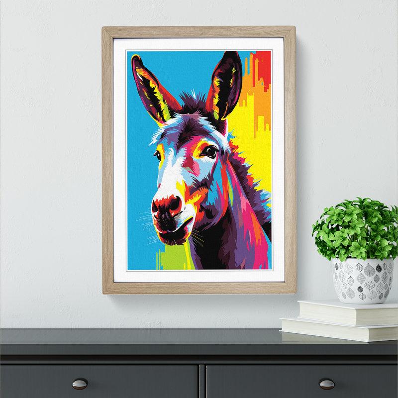XYZ-FRM-V1223-541 Donkey Pop - Single Picture Frame Print on Wood, Oak, 46cm H x 34cm W x 2cm D
