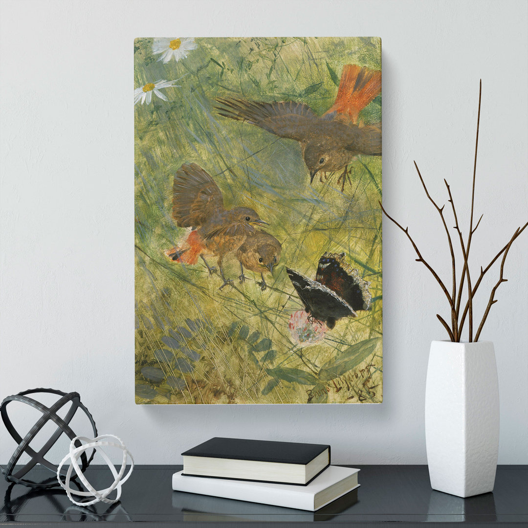 Redstart Birds And Butterflies by Bruno Liljefors - Wrapped Canvas