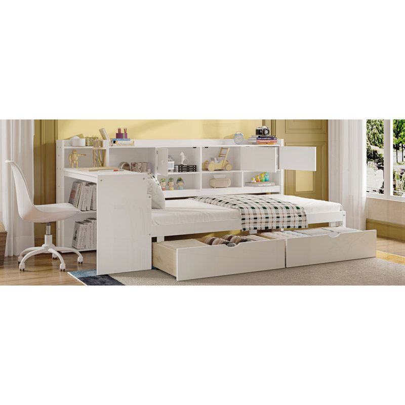 Multi-functional Bed with Study Desk and Built-in Bookshelf, Twin, White