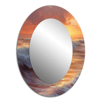 Yellow White Sunset Waves Ocean Bliss - Yellow Coastal Oval Wall Mirror
