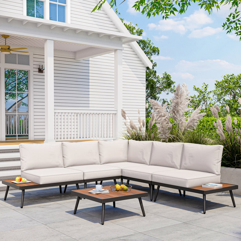 6 Pieces Outdoor Sectional Patio Furniture Set with Coffee Top Table, 4, Beige