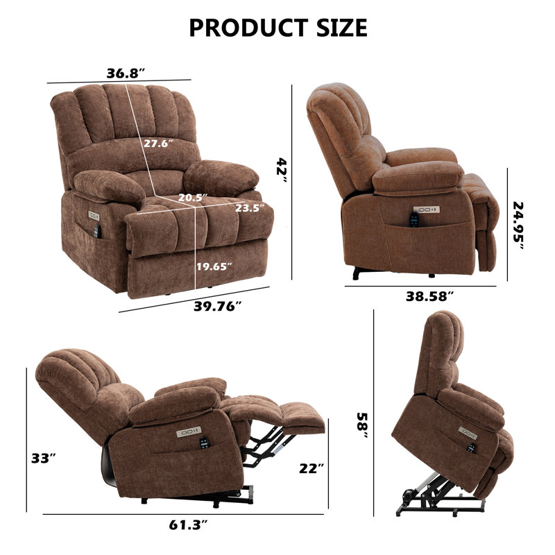 Victorin 40 " W Power Lift Recliner With Heated Massage And Charging Port, Large chair, Unlimited Positions, Brown