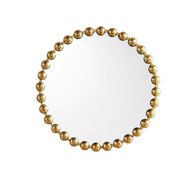 Beaded Round Mirror 27" - Antique Gold Iron Frame With Ornate Beadwork Backed Mirrored Glass Ready To Hang Interior Decorative 27"D Wall Metallic Large Bead Detail Keyhole Hanger For Easy