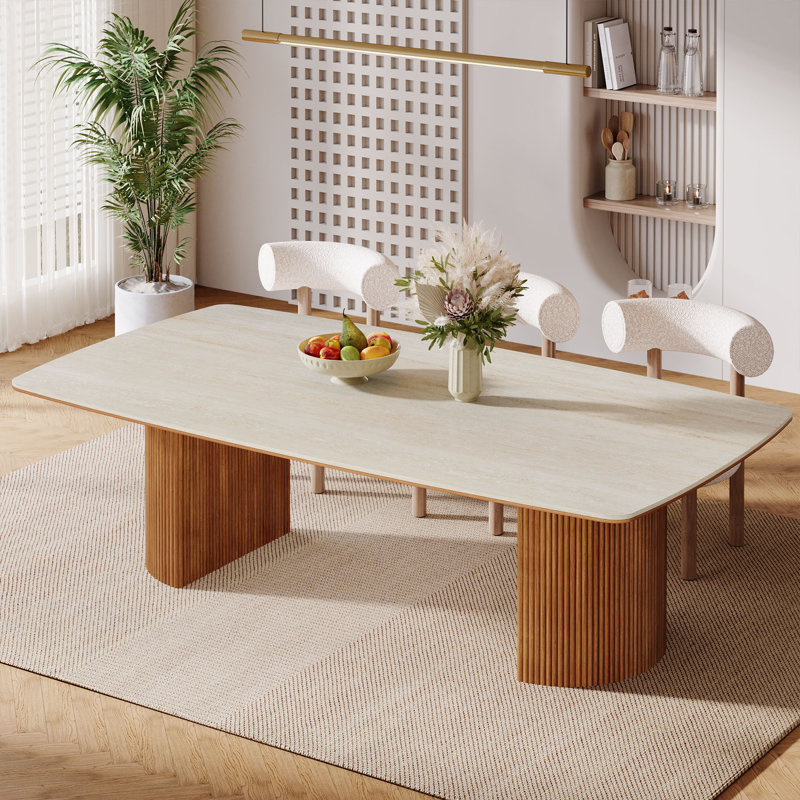 Dining Table With Unique Travertine Slab Top And Semi-Circular Stripe Base （1 item 2 packages）