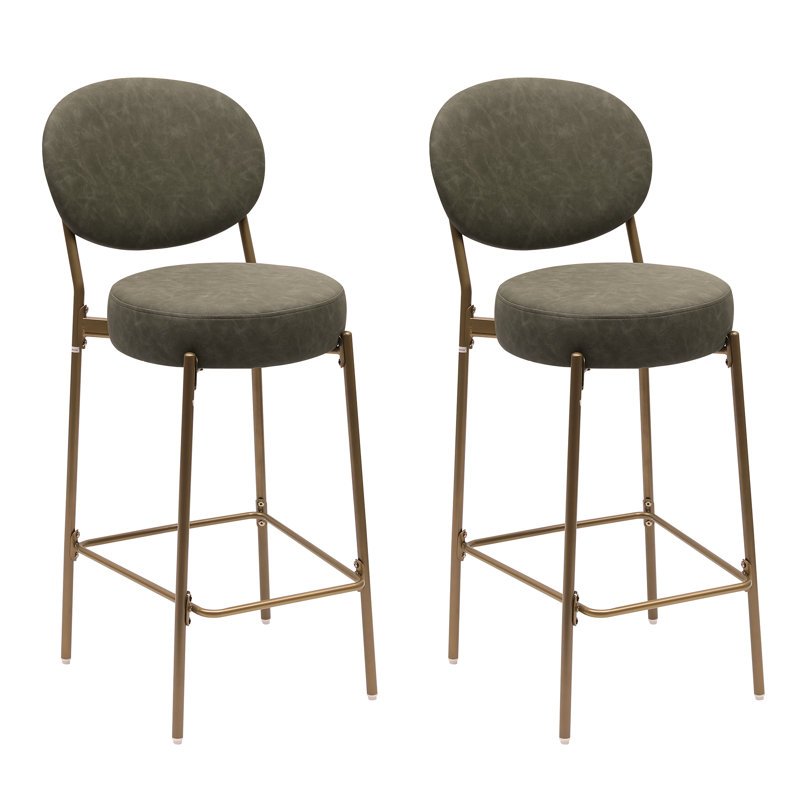 upholstered bar stools: set of 2 faux leather counter chairs with golden legs for modern kitchen dining, Gray