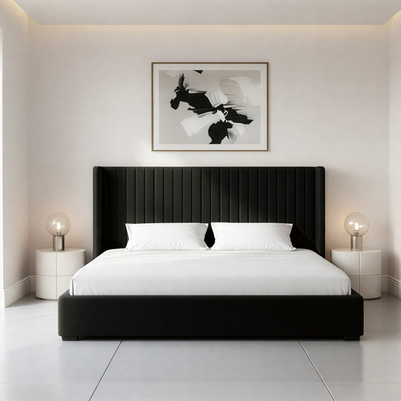 Premium Plush Bed Frame – Elegant Padded Bed with 48” Statement Headboard, Solid Wooden Bed – Contemporary Designer Finish
