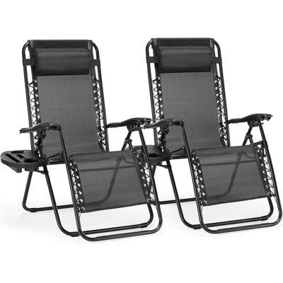 Zero Gravity Chairs, Set Of 2 Portable Recliner Beach Camping Patio Outdoor Folding Lounge Chair With Cup Holder Trays And Adjustable Pillow For Poolside, Garden, Backyard
