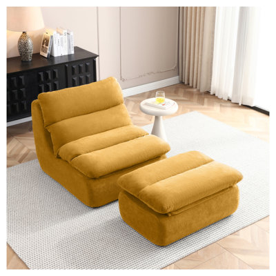 Pouf capitonné de 81 cm avec repose-pieds assorti, chaise longue rembourrée en coton pour salon et chambre, jaune