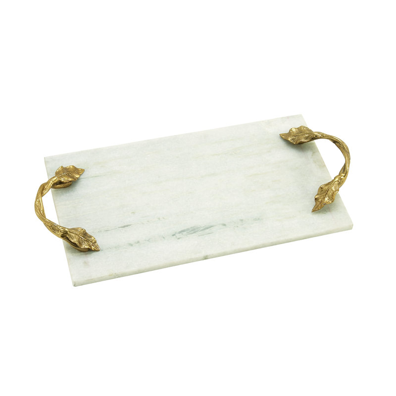 Elegance White Marble 21" x 10" Tray with Gold Leaf Handles