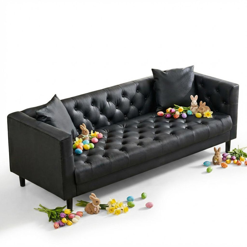 Canapé 81 po en cuir de polyuréthane pour salon, canapé moderne avec assise profonde et 2 coussins, canapé capitonné à 3 places fait à la main, canapé en similicuir pour appartement, bureau.