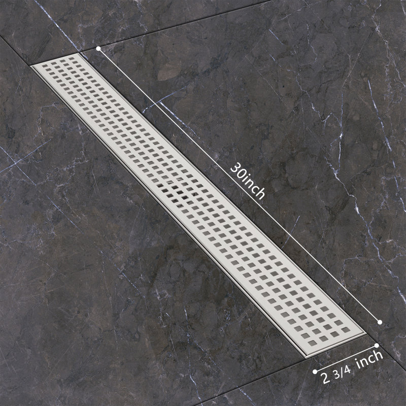 Long drain de douche rectangulaire long avec couvercle de drain carré et attrape-cheveux, acier inoxydable, nickel brossé