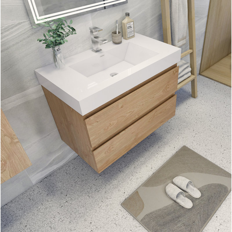 Carneshia 35.4'' Single Bathroom Vanity with Wood, Acrylic Top, New England Oak