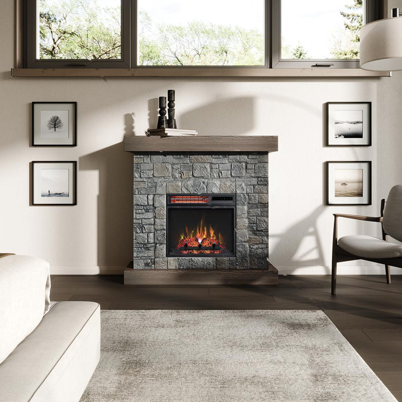 Modern Ember Raeford 40" Faux Stone Brick Surround With Wood Mantel, Includes 18" Electric Fireplace