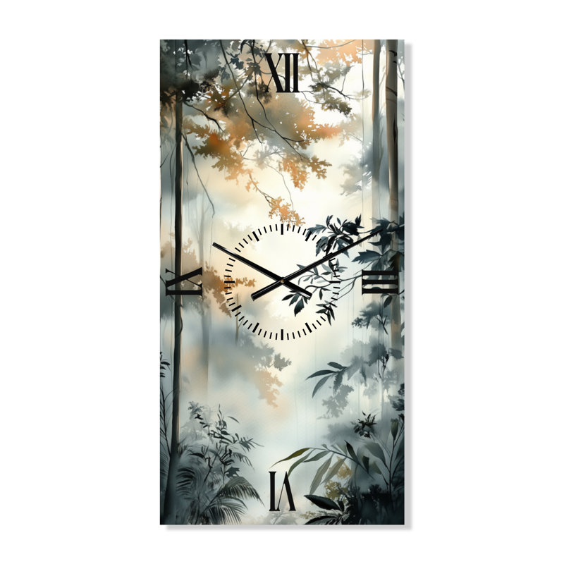Horloge murale décorative tropicale grise Sunlit Canopy Rainforest I - Horloge murale grise, H 32 po x l 16 po - Rectangle