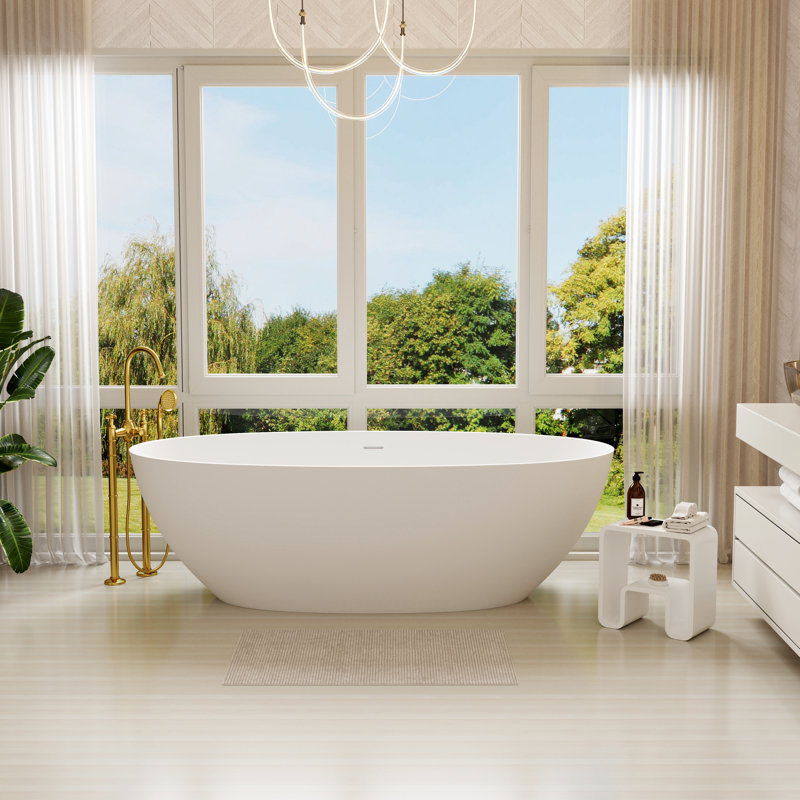 Baignoire de trempage autoportante ovale blanche à surface solide avec drain 70,87 "avec drain