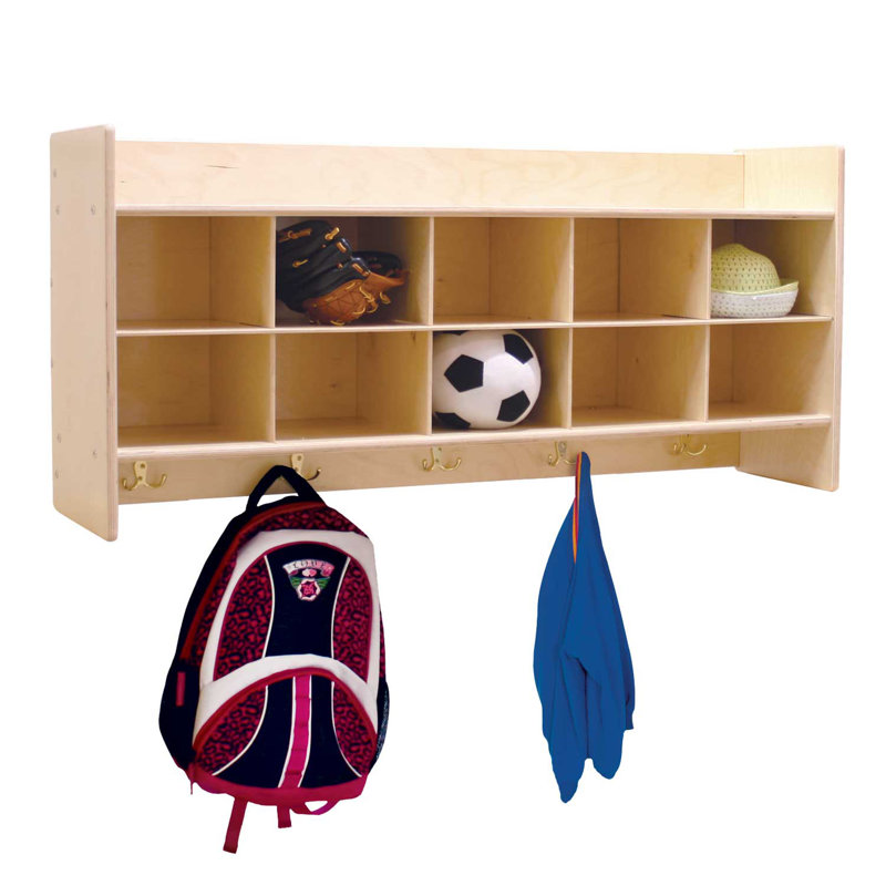 Birch Plywood Wall Hanging Cubby Storage with Hooks and Translucent Trays