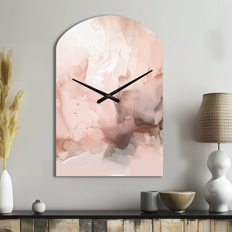 Austie Pink Delicate Abstract Marble I - Marble Asymmetrical Metal Clocks, Pink Arch Metal Wall Clock Print, Medium